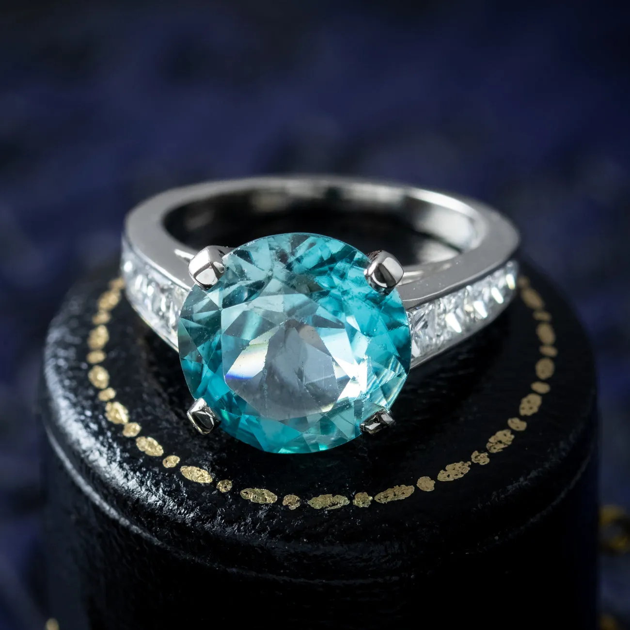 Edwardian Style Blue Zircon Diamond Solitaire Ring 5ct Zircon