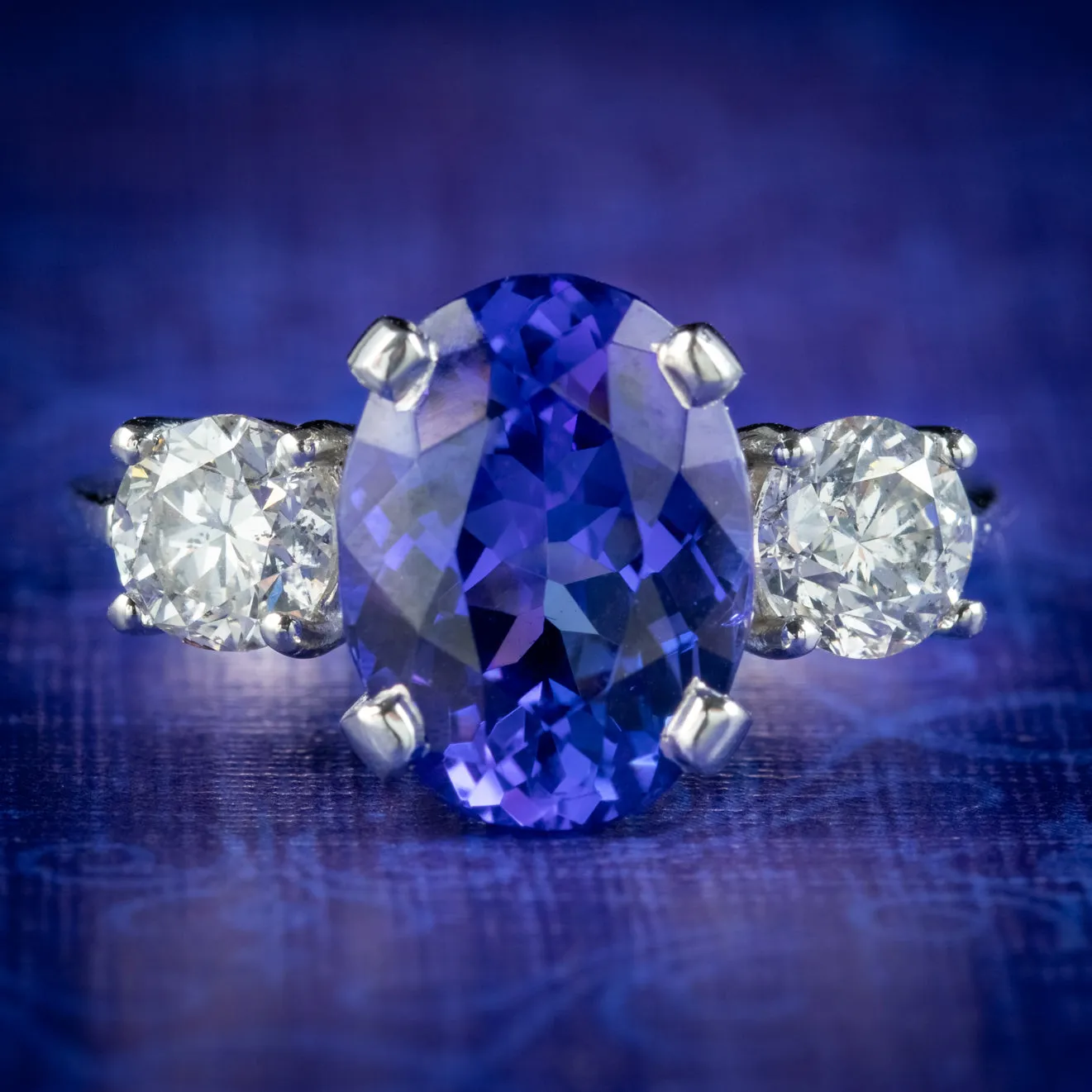 Edwardian Style Tanzanite Diamond Trilogy Ring 4.50ct Tanzanite