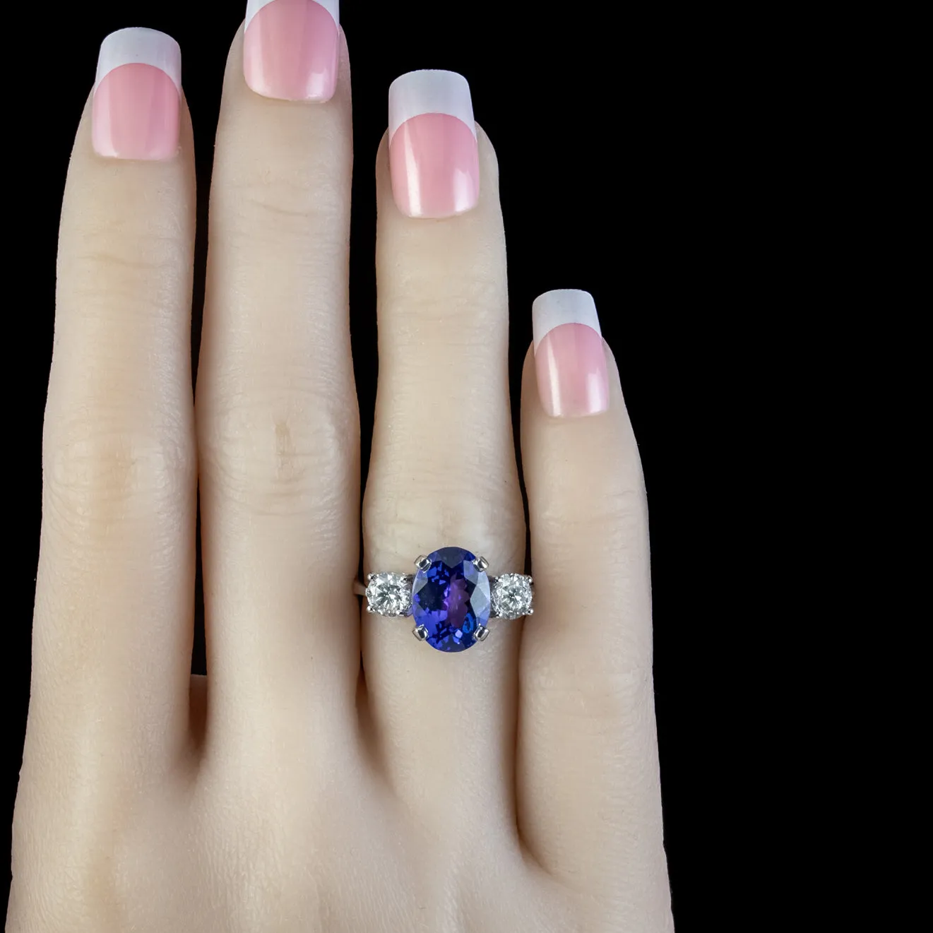 Edwardian Style Tanzanite Diamond Trilogy Ring 4.50ct Tanzanite