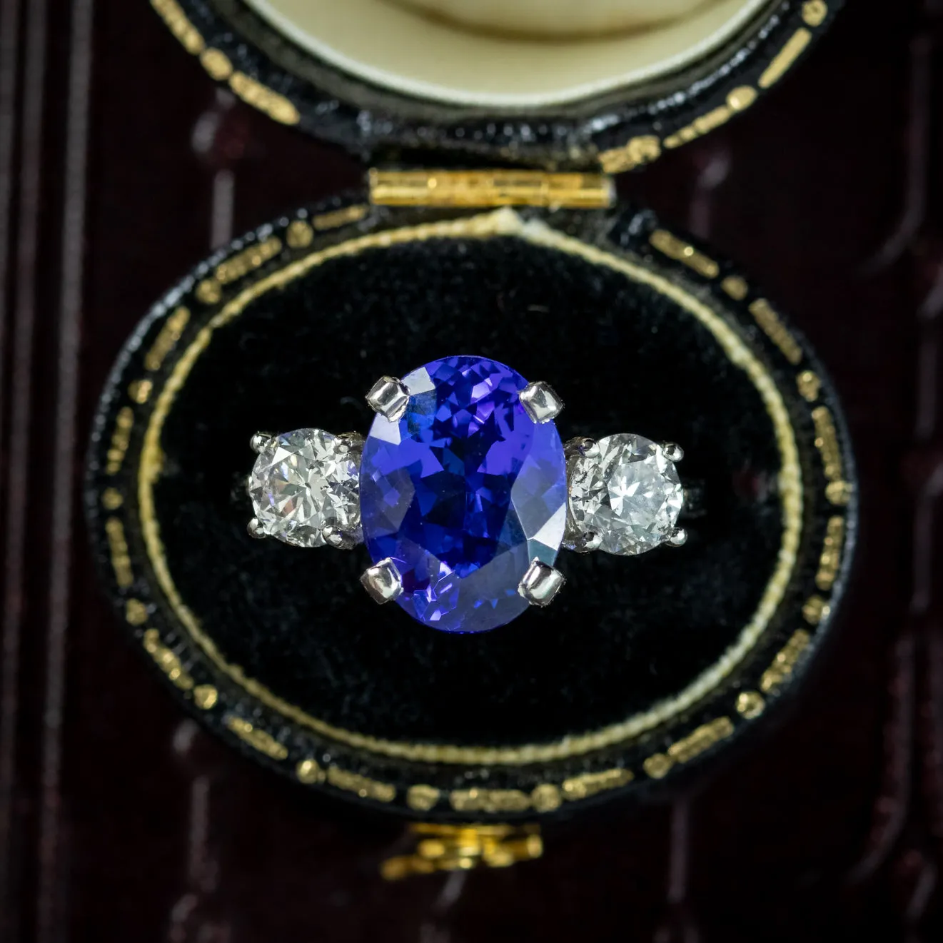 Edwardian Style Tanzanite Diamond Trilogy Ring 4.50ct Tanzanite