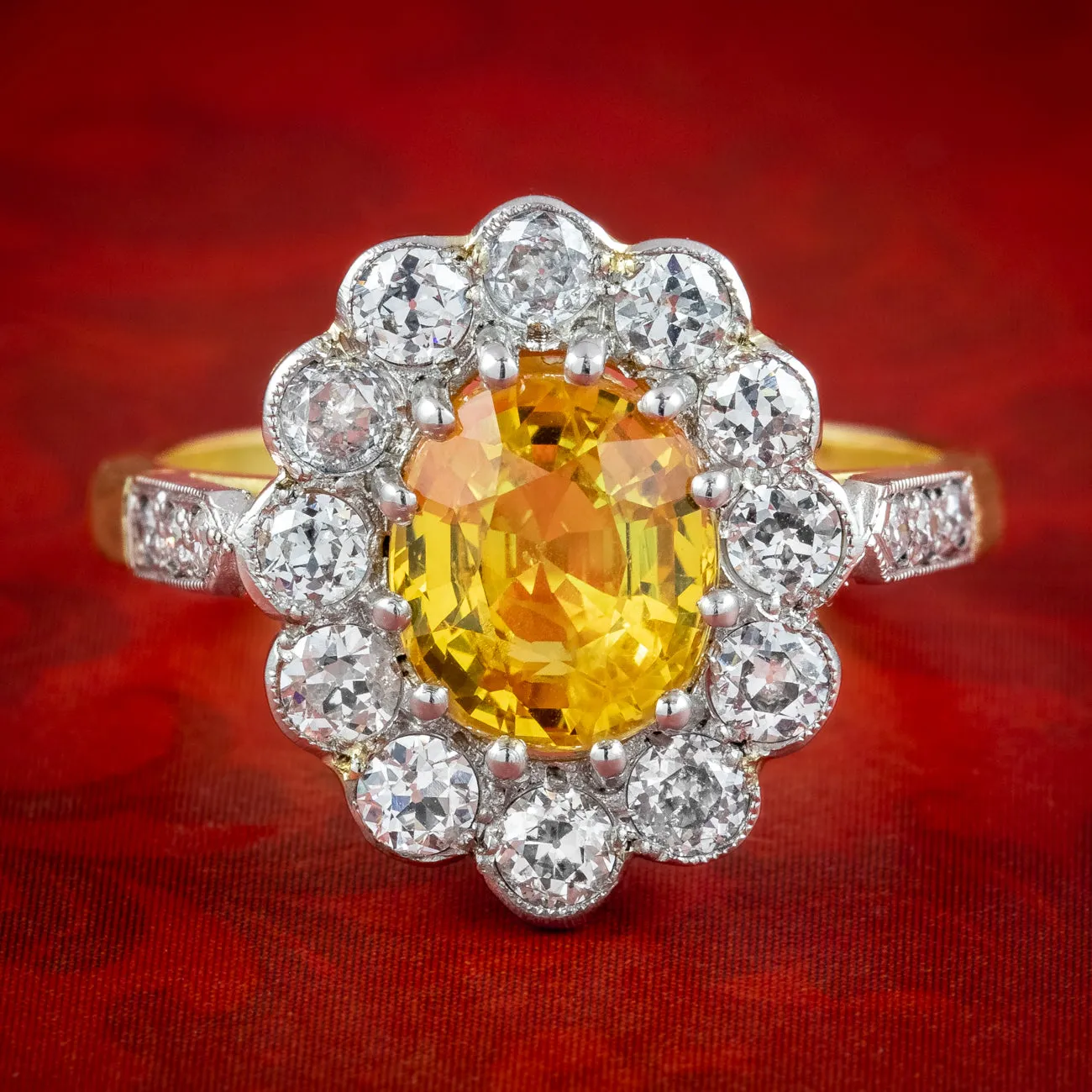 Edwardian Style Yellow Sapphire Diamond Daisy Cluster Ring 2.1ct Sapphire