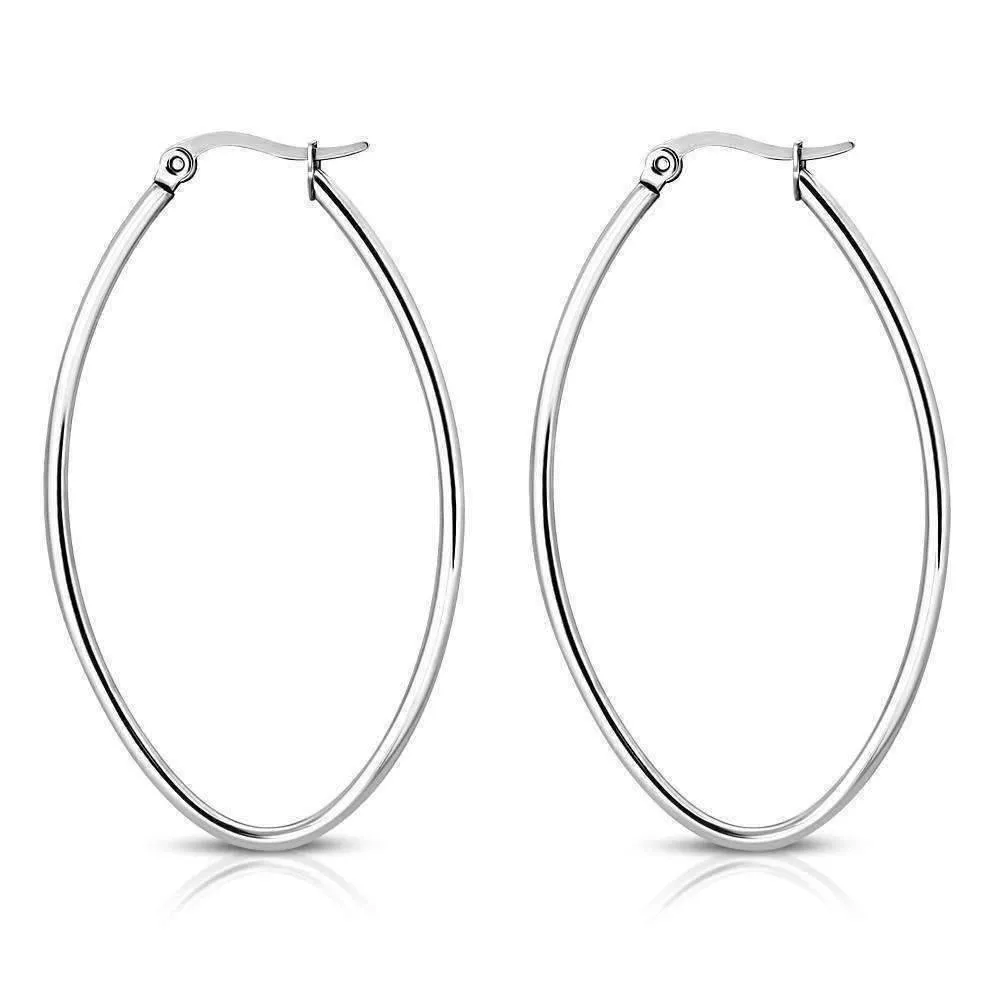 Elongated Oval Classic Polished Stainless Steel Hoop Earrings