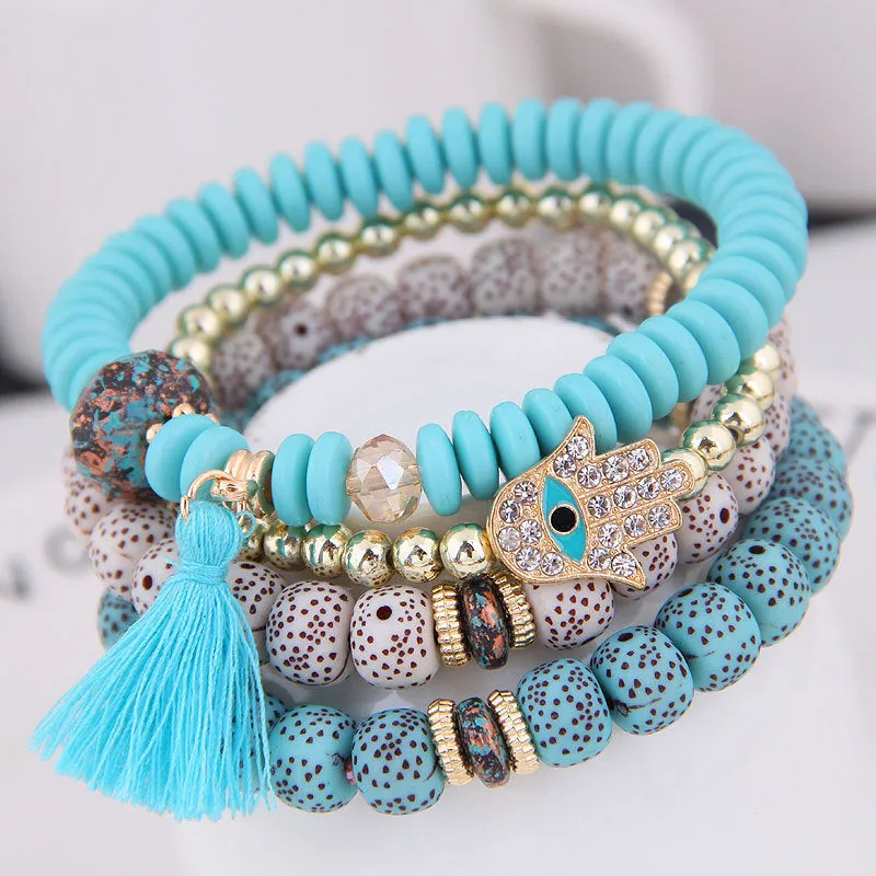 European And American Bohemian Ethnic Style Bodhi Seed Tassel Bracelet Creative Diamond Palm Multi-layer Bracelet