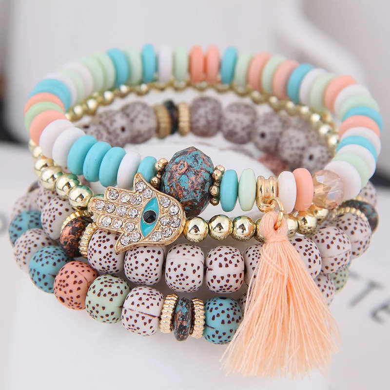 European And American Bohemian Ethnic Style Bodhi Seed Tassel Bracelet Creative Diamond Palm Multi-layer Bracelet