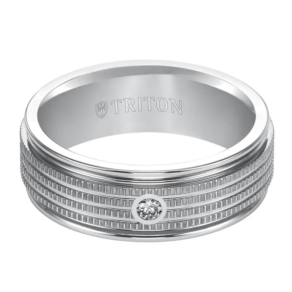 FALCON White Tungsten Carbide Comfort Fit Wedding Band with White Diamond Setting and Multi Coin Edged Center by Triton Rings - 7.5 mm