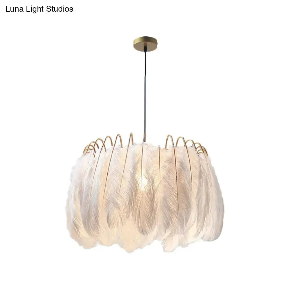 Feather & Metal Drum Pendant Light in White for Adult Bedroom - Romantic Suspension Lighting