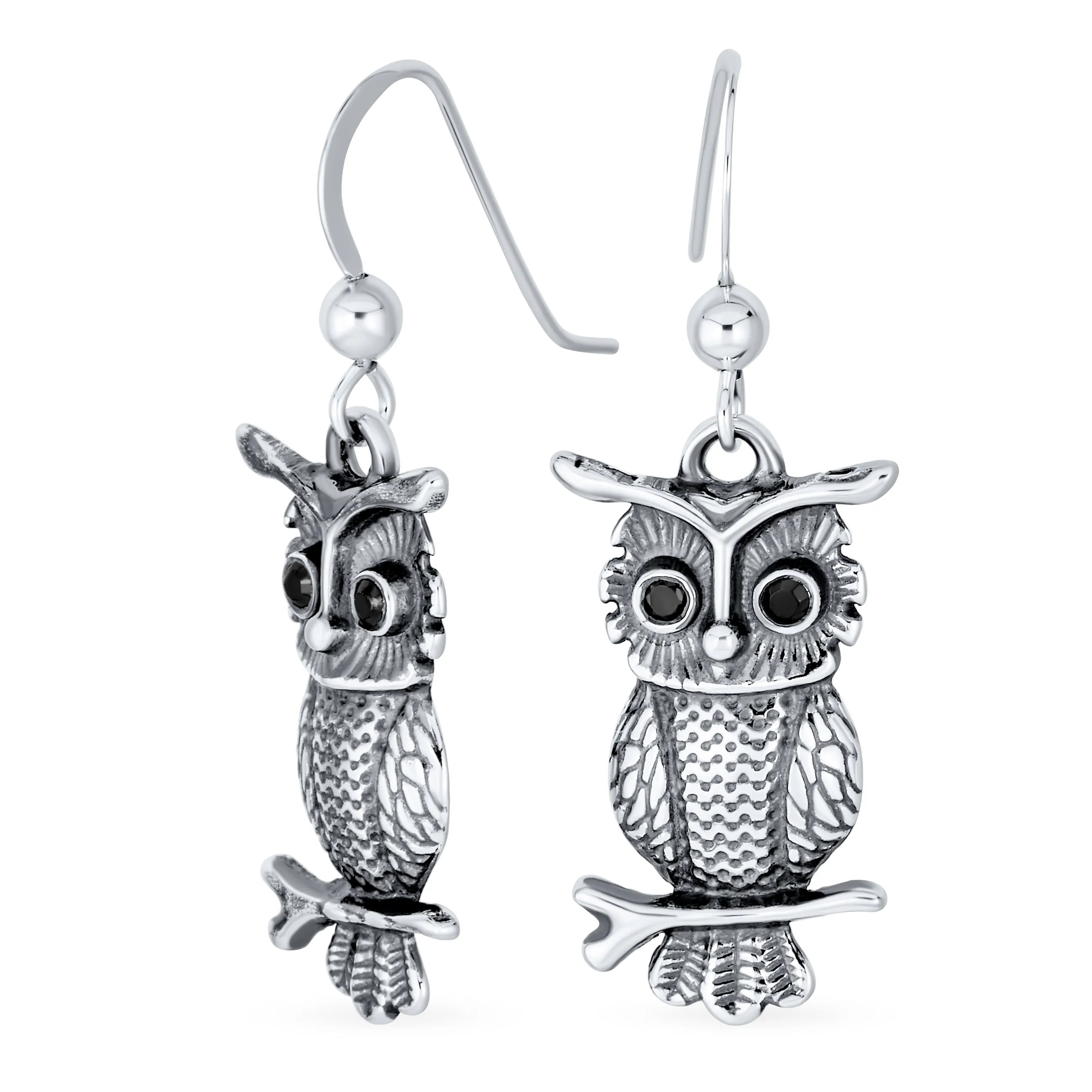 Flying Bird Dangle Gemstone Earrings Owl Design Oxidized  Sterling Silver