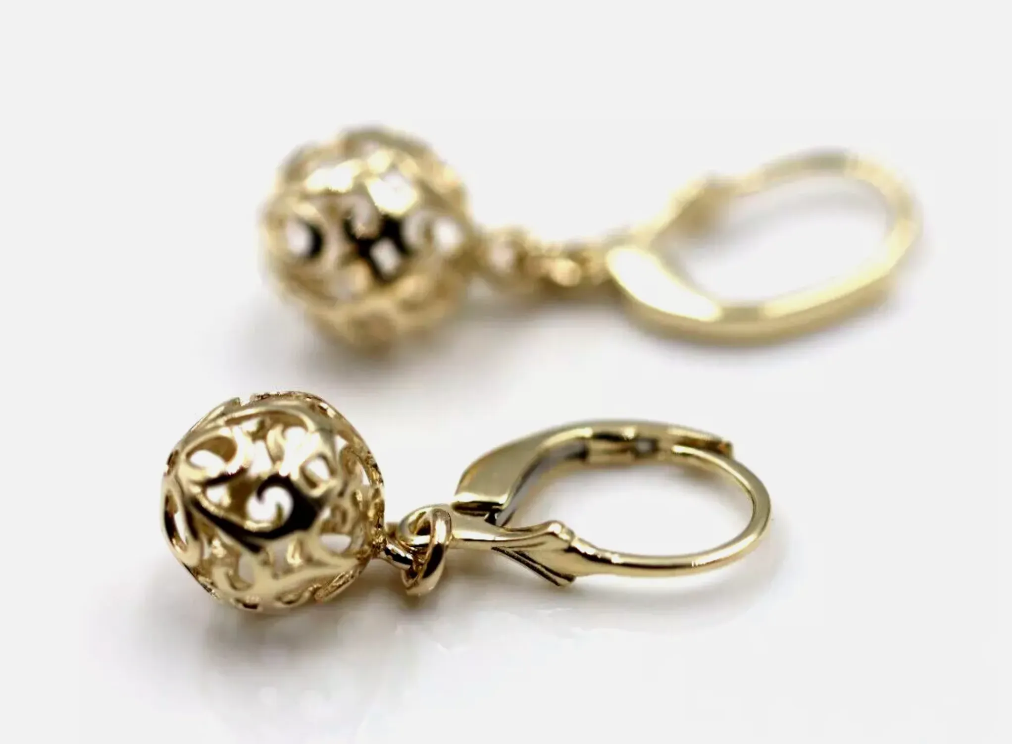 Genuine 9ct 9k Yellow, Rose or White Gold 10mm Filigree Ball Hook Continental Earrings