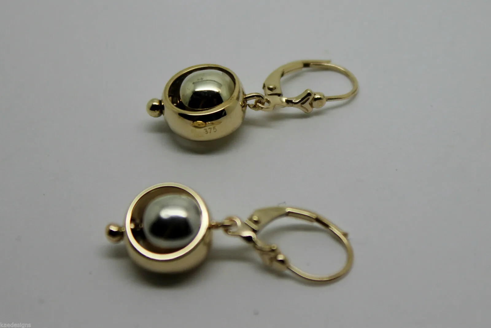 Genuine 9k 9ct White & Yellow Gold Spinning Belcher Ball Continental Hooks Drop Earrings