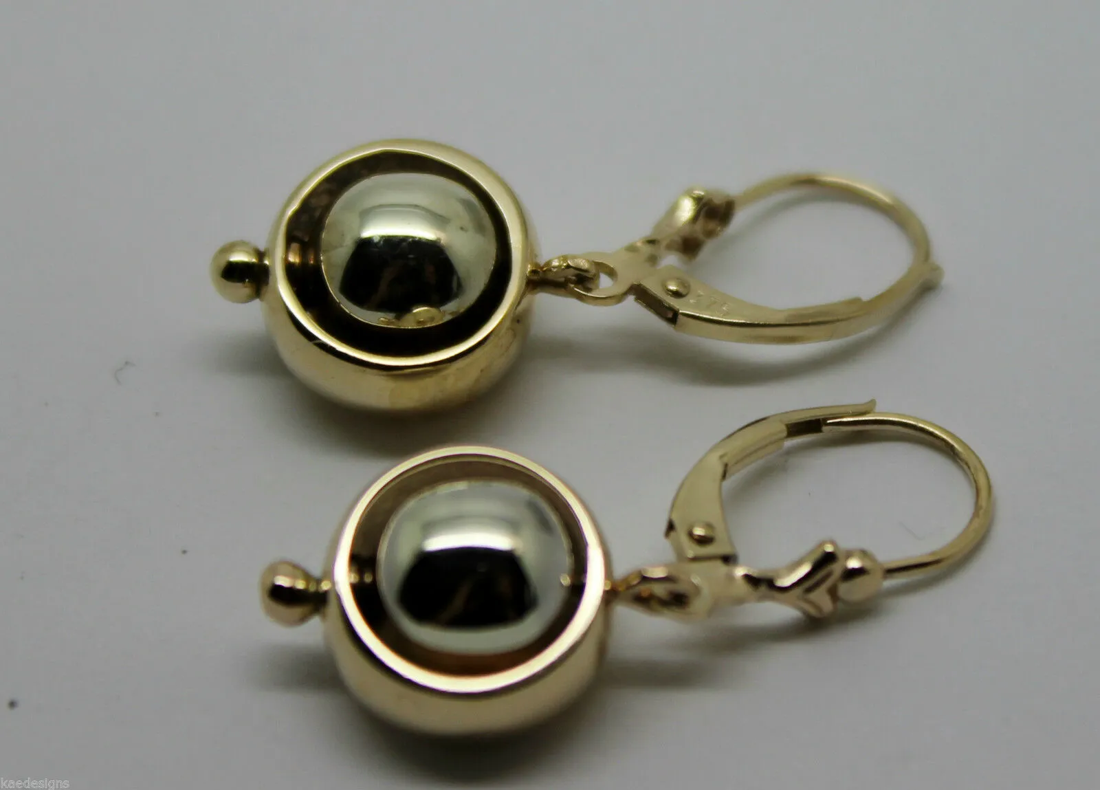 Genuine 9k 9ct White & Yellow Gold Spinning Belcher Ball Continental Hooks Drop Earrings