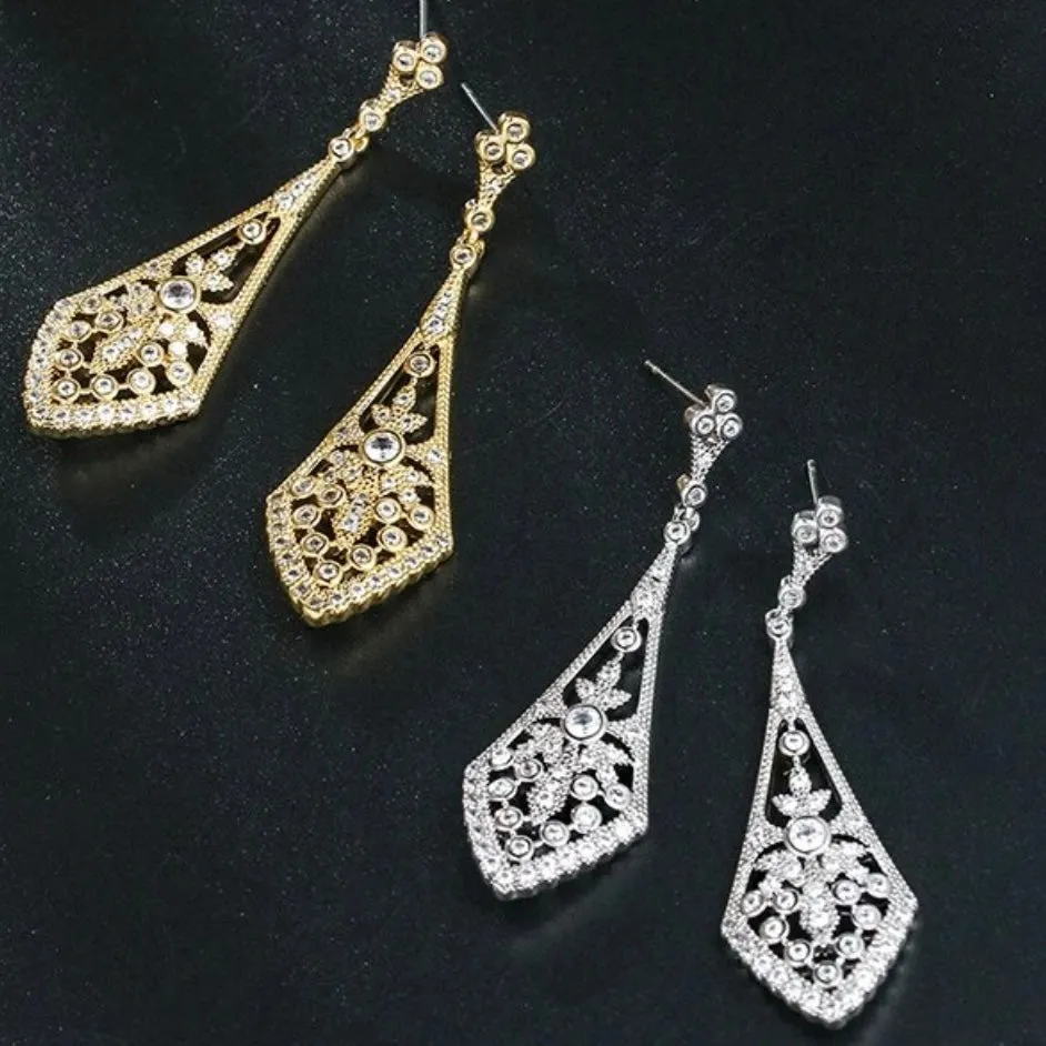 Gold Art Deco Cubic Zirconia CZ Crystal Drop Earring