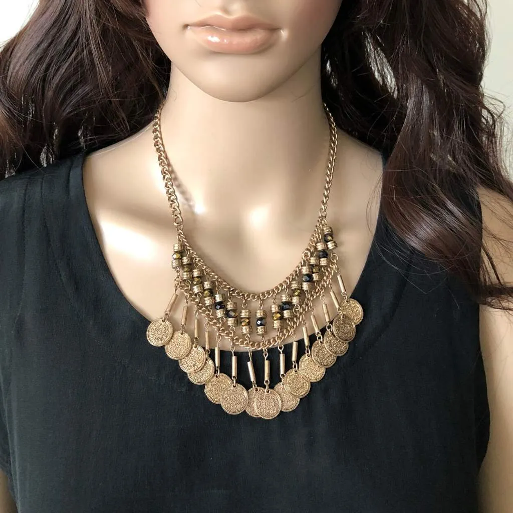 Gold Coin Boho Beaded Fringe Necklace