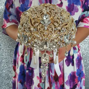 Gold Crystal cascade brooch RTS 8" bouquet, jewel bouquet, alternative Great Gatsby style wedding flowers. by Crystal wedding uk