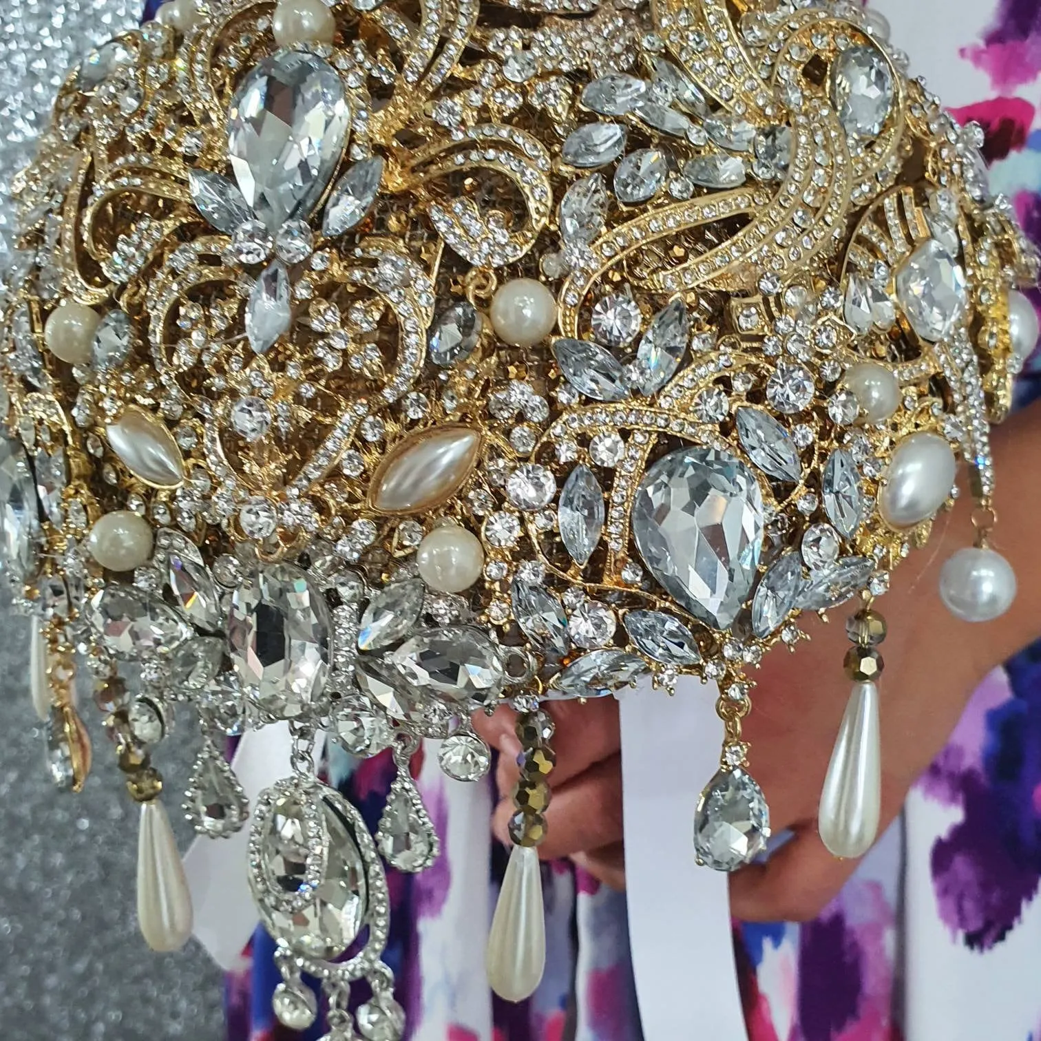 Gold Crystal cascade brooch RTS 8" bouquet, jewel bouquet, alternative Great Gatsby style wedding flowers. by Crystal wedding uk