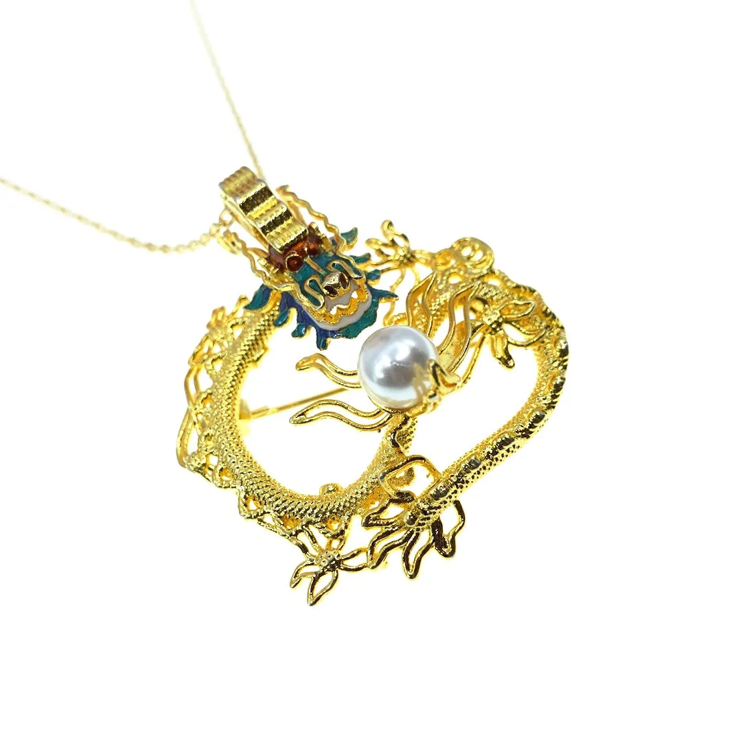 Gold Dragon Brooch and Pendant Necklace