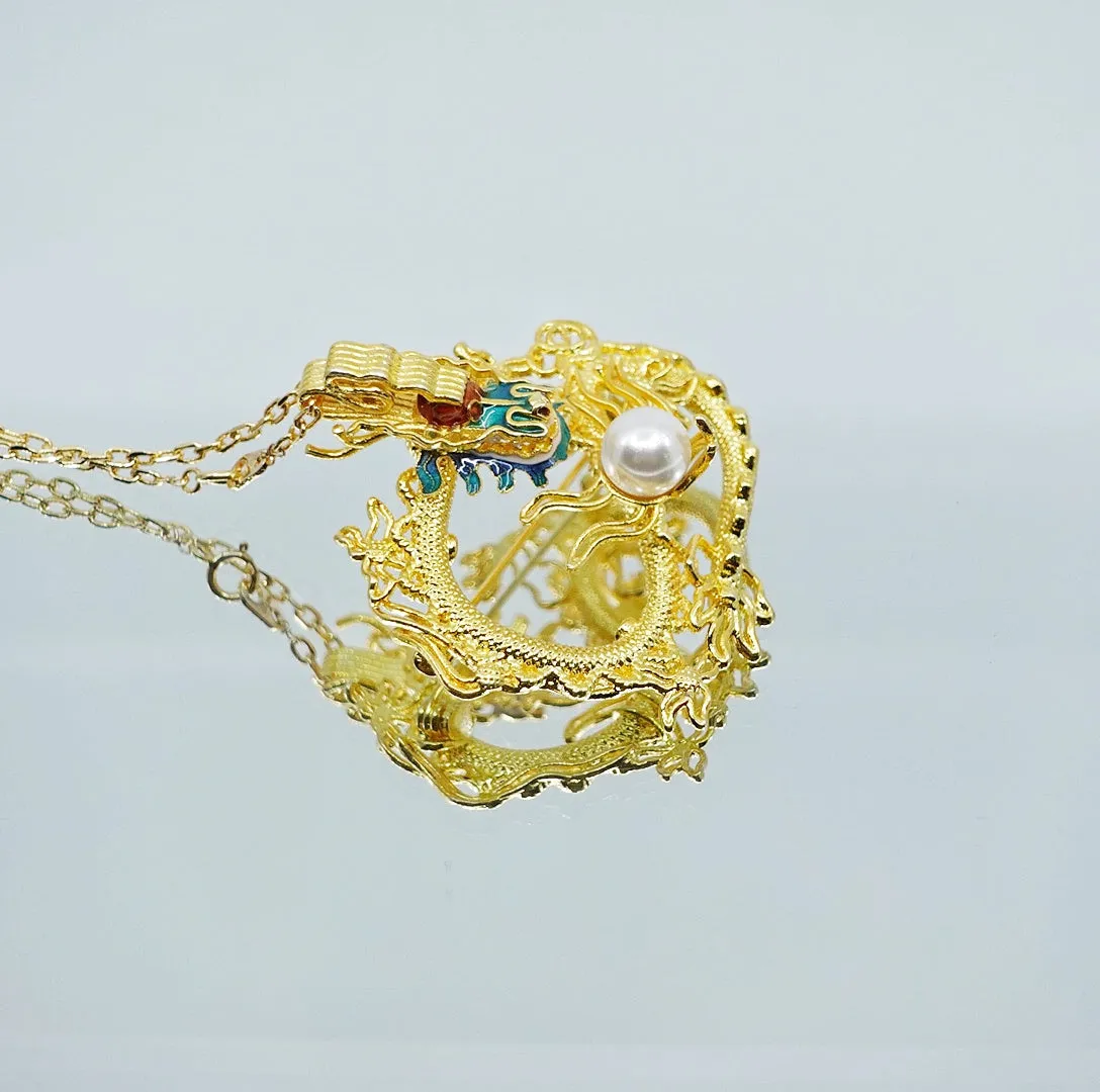 Gold Dragon Brooch and Pendant Necklace