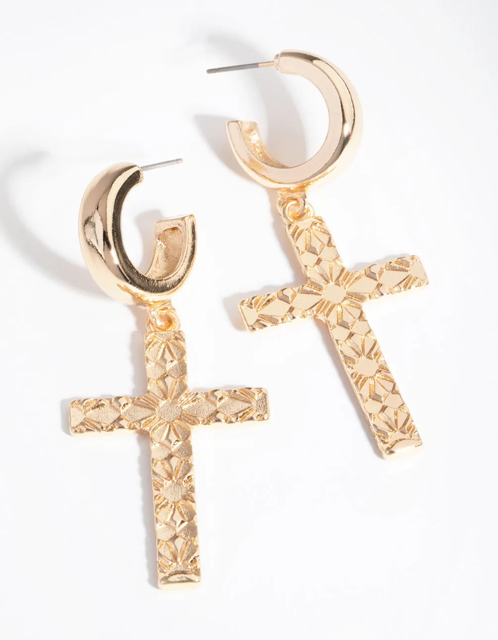 Gold Etched Cross Hoop Earrings