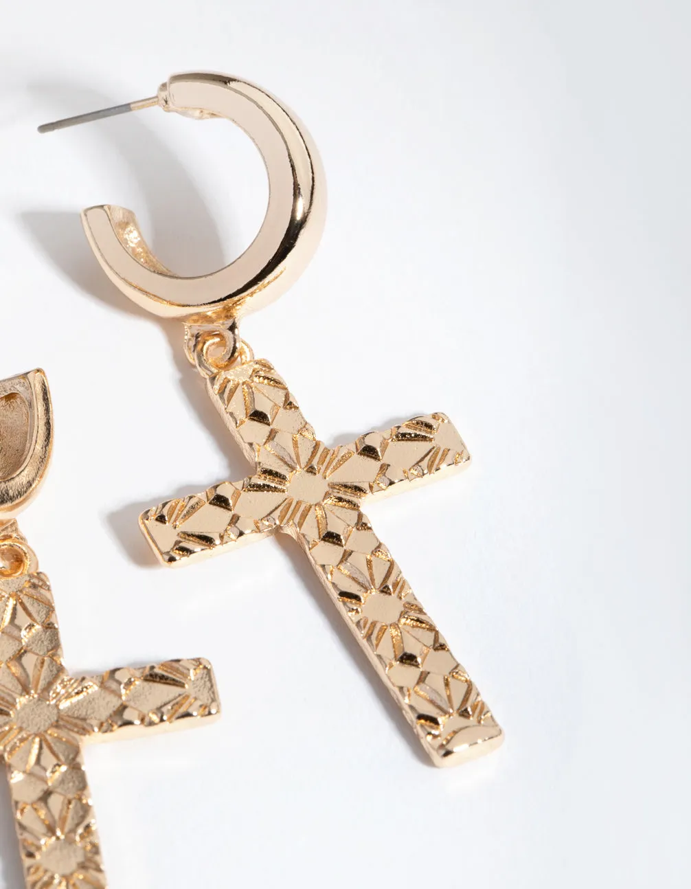 Gold Etched Cross Hoop Earrings