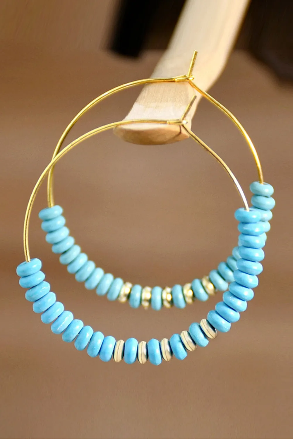 Gold Faux Turquoise Beaded Hoop Earrings