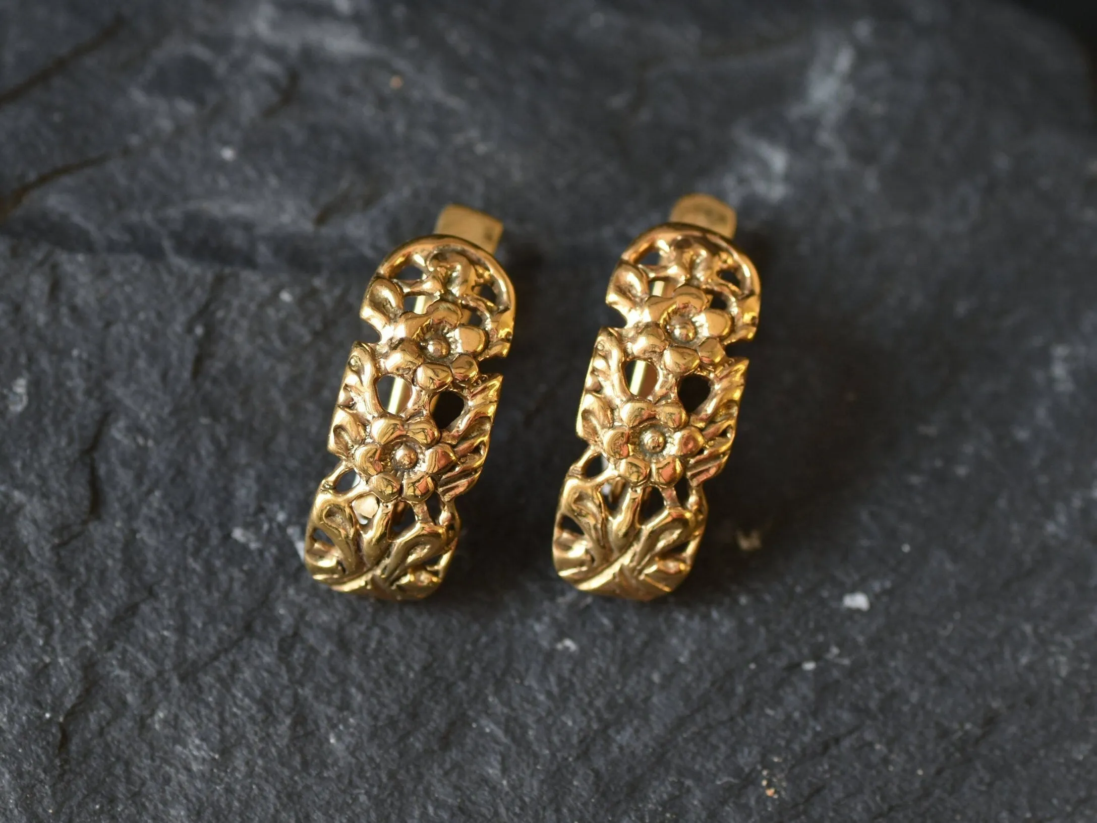 Gold Floral Earrings - Half Hoop Flower Earrings, Gold Nature Earrings