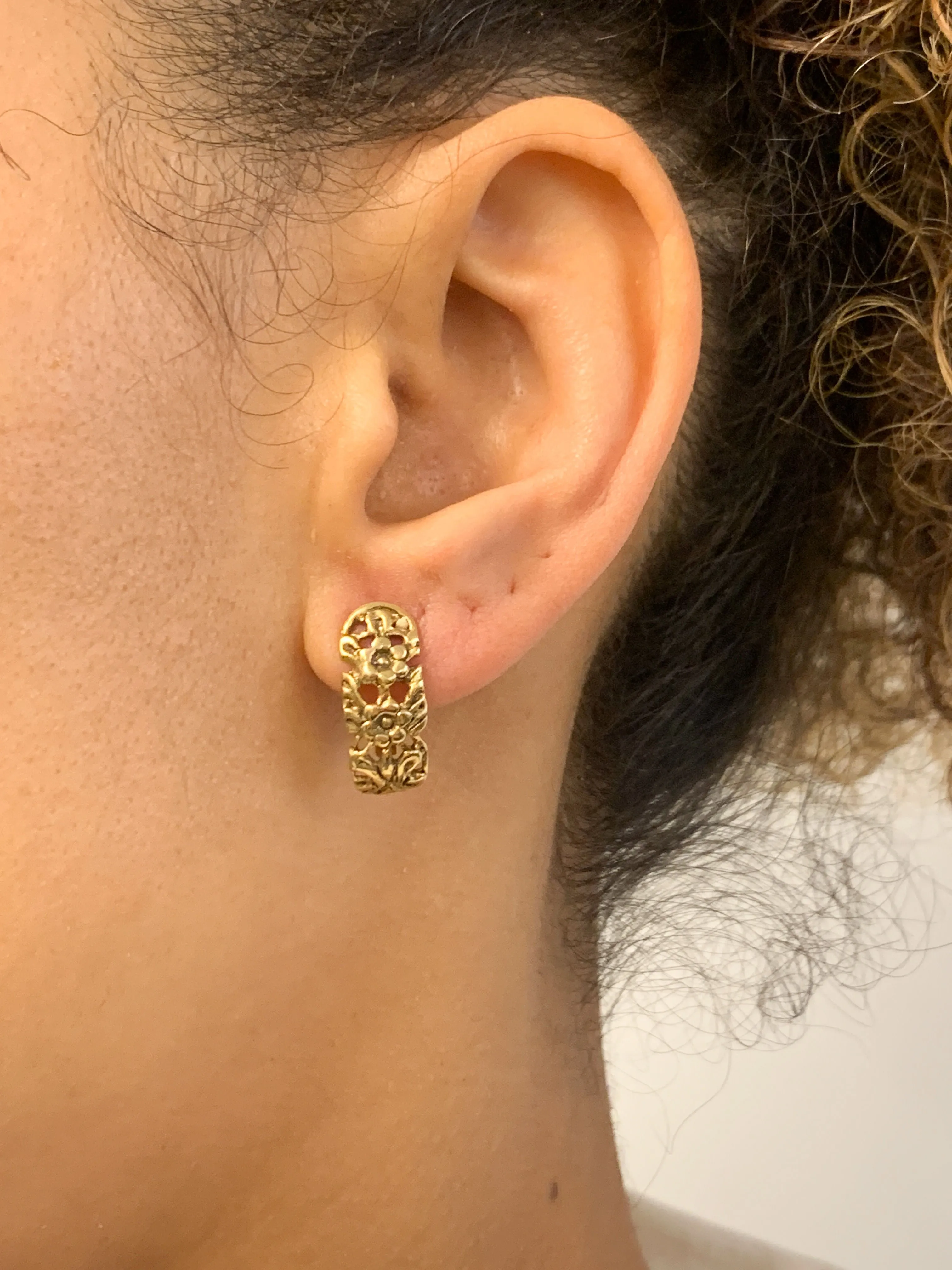 Gold Floral Earrings - Half Hoop Flower Earrings, Gold Nature Earrings