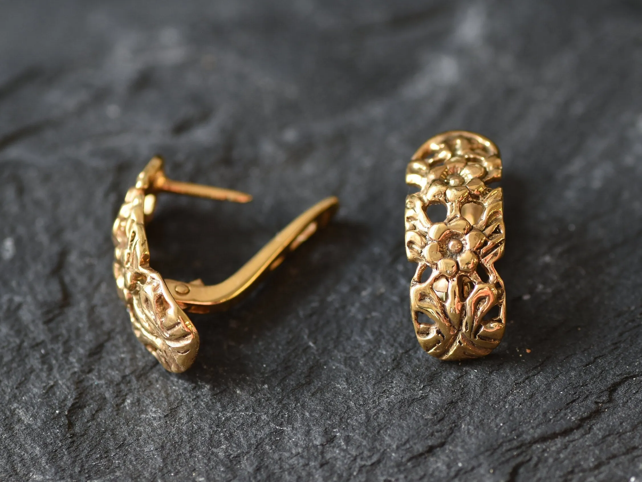 Gold Floral Earrings - Half Hoop Flower Earrings, Gold Nature Earrings