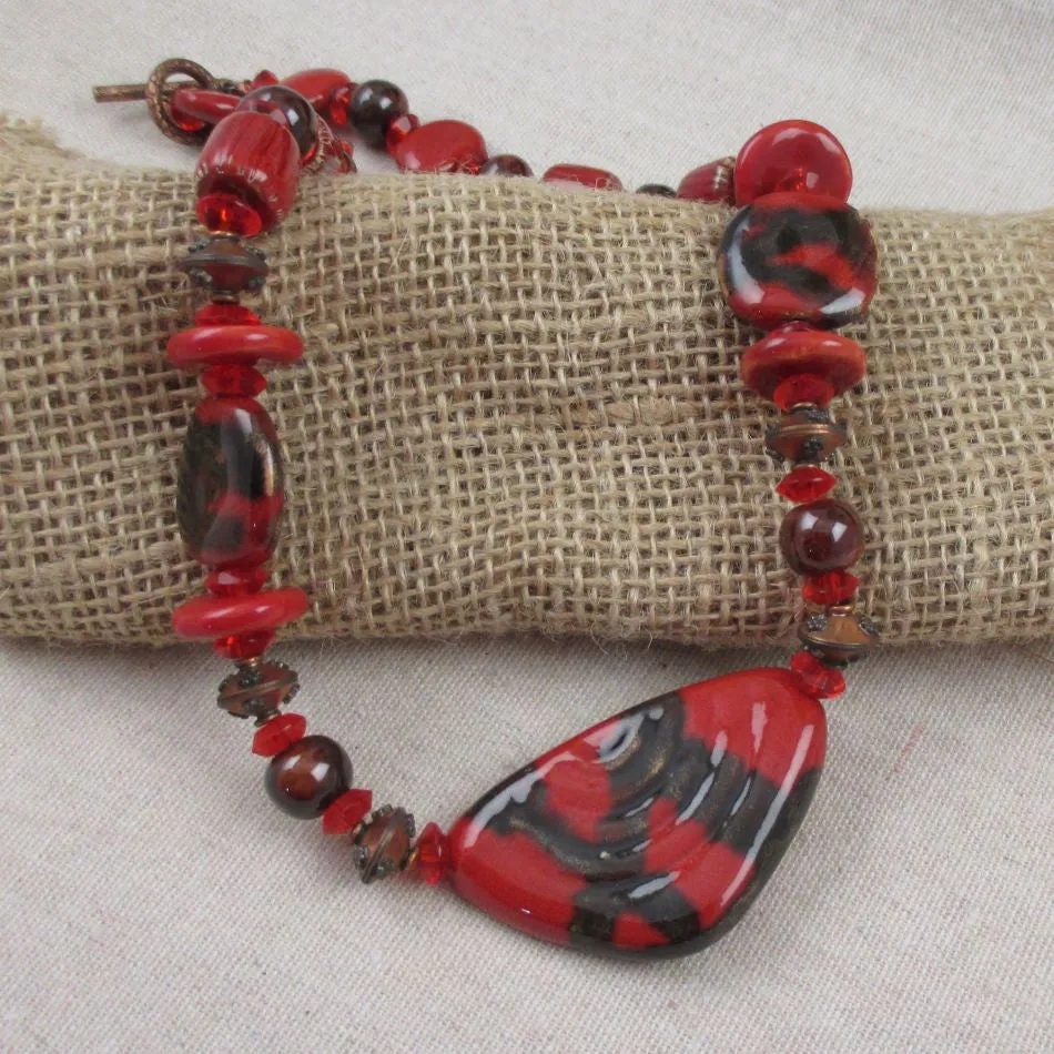 Handmade Necklace Red Kazuri Beads with Copper Accents