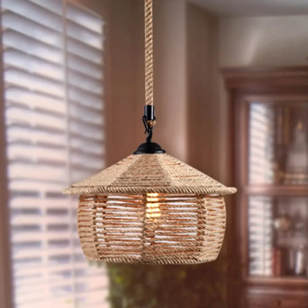 Hemp Rope Caged Pendant: Flaxen Single-Bulb Industrial Hanging Lamp