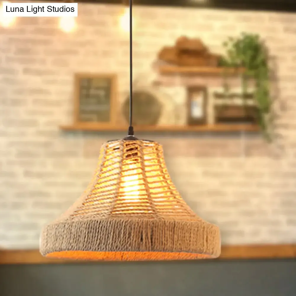 Hemp Rope Caged Pendant: Flaxen Single-Bulb Industrial Hanging Lamp