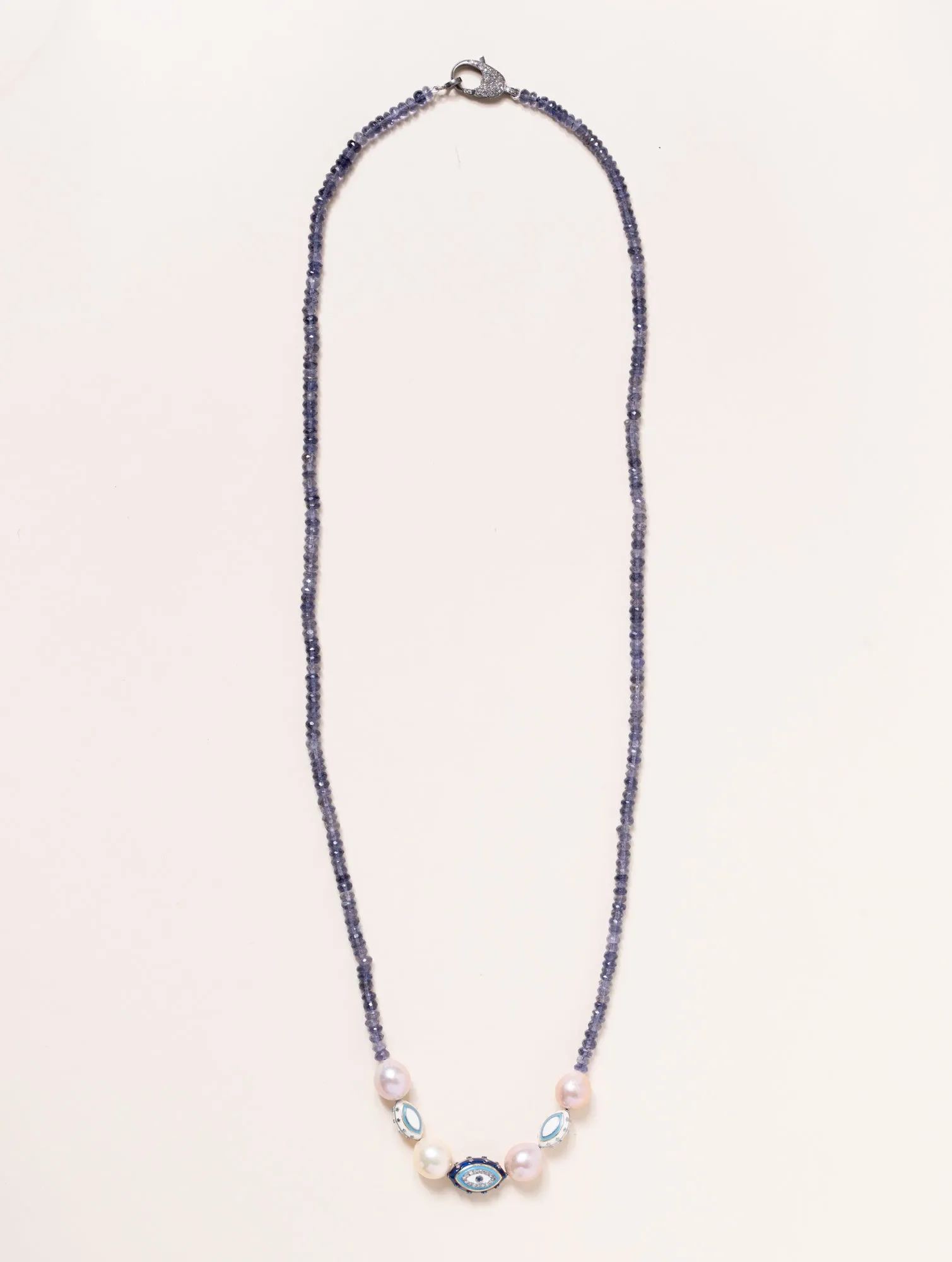 Iolite Necklace with Evil Eyes and Pearls