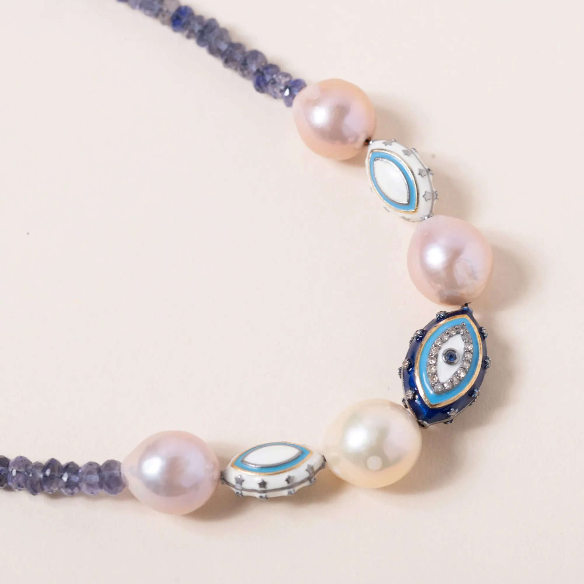 Iolite Necklace with Evil Eyes and Pearls