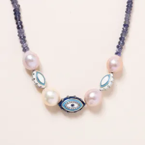 Iolite Necklace with Evil Eyes and Pearls