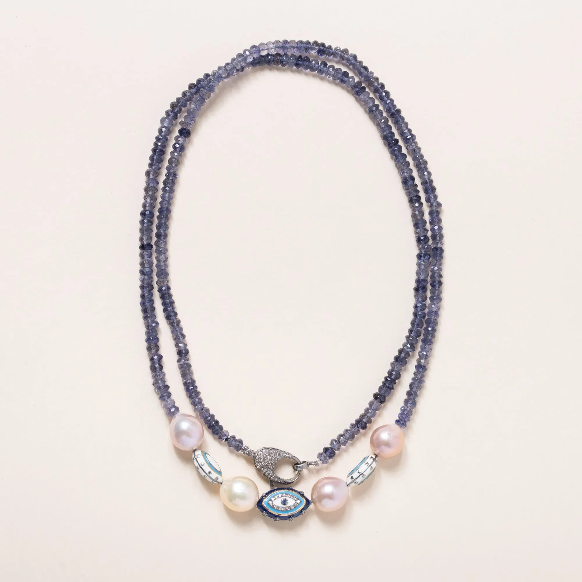 Iolite Necklace with Evil Eyes and Pearls