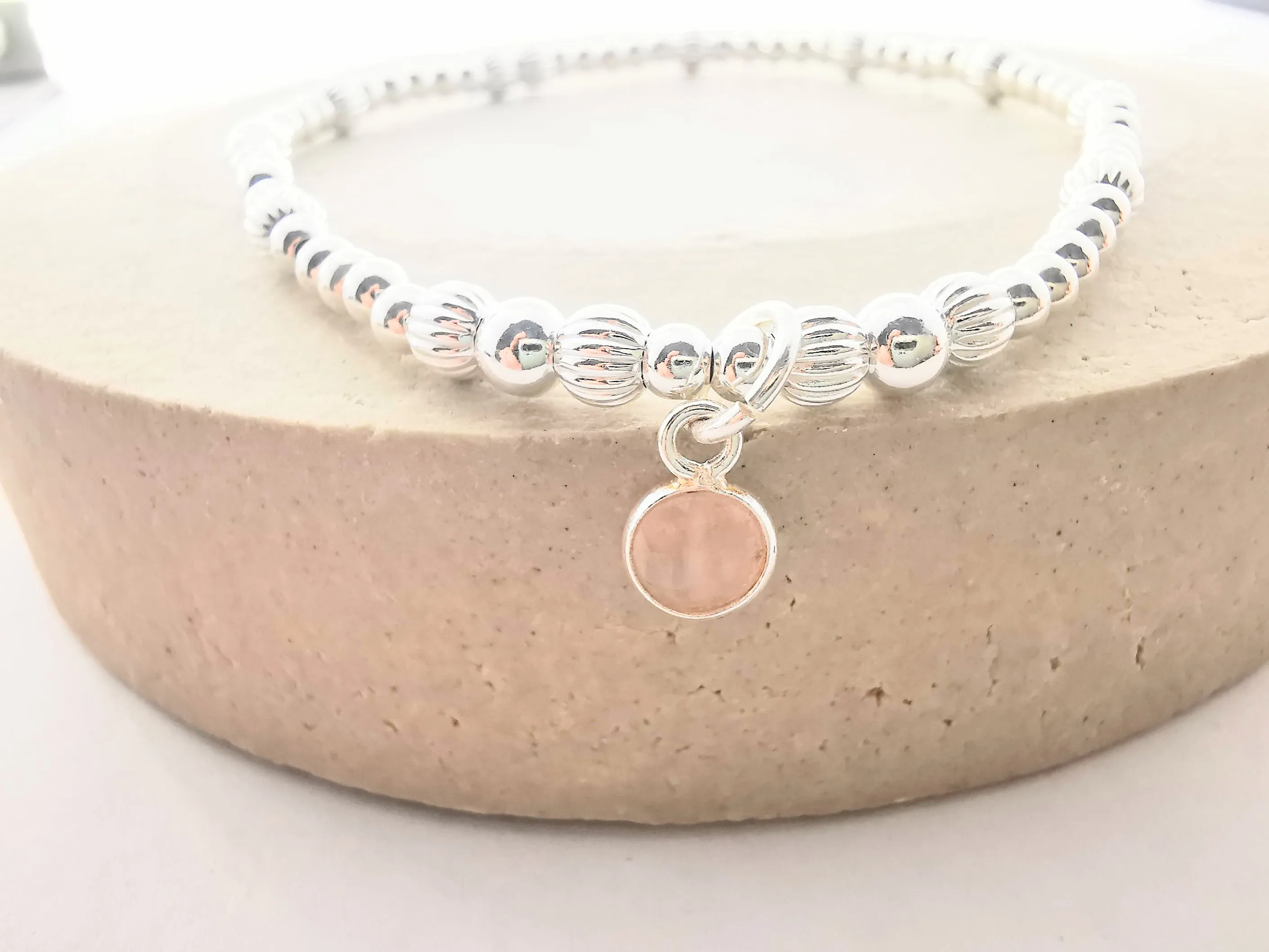 JANE Sterling Silver Bead Bracelet with Rose Quartz