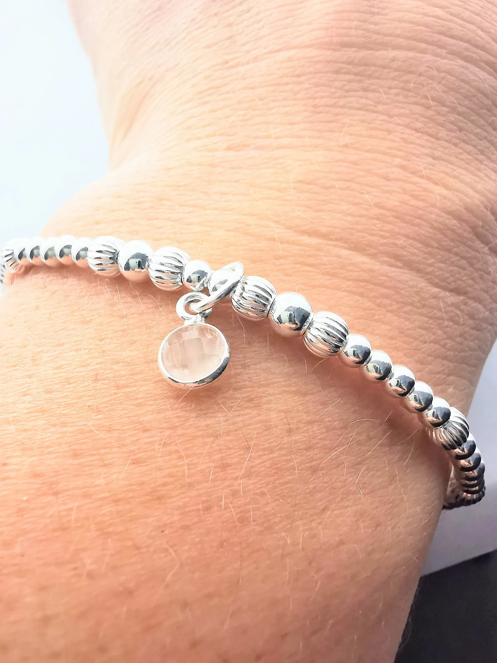 JANE Sterling Silver Bead Bracelet with Rose Quartz