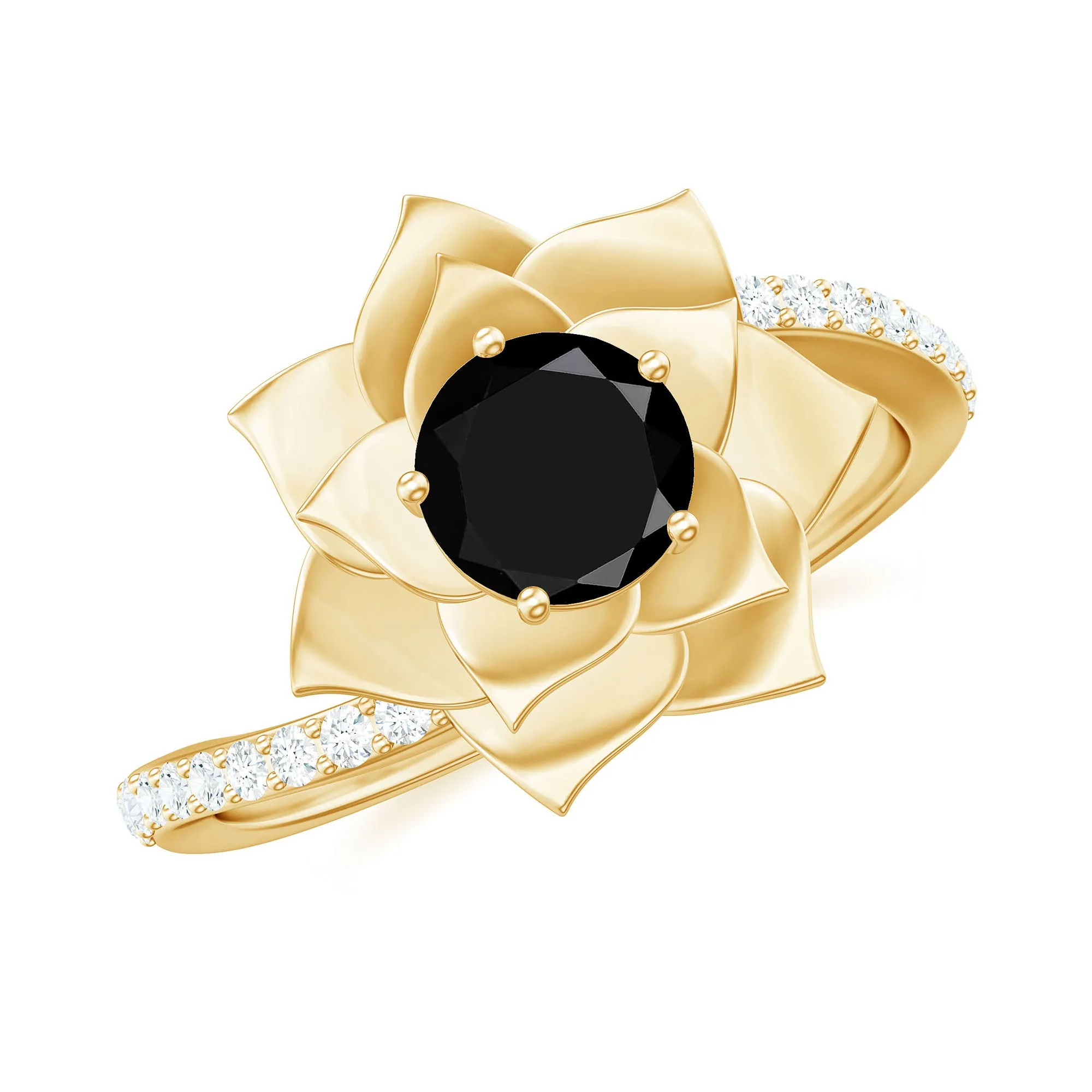 Lab Grown Black Diamond and Diamond Flower Bypass Ring