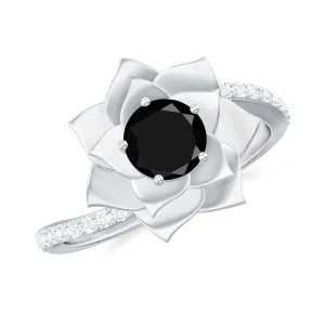 Lab Grown Black Diamond and Diamond Flower Bypass Ring