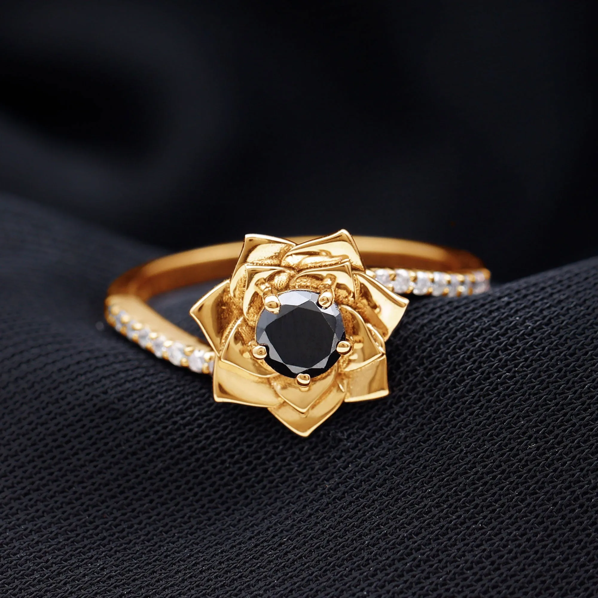 Lab Grown Black Diamond and Diamond Flower Bypass Ring