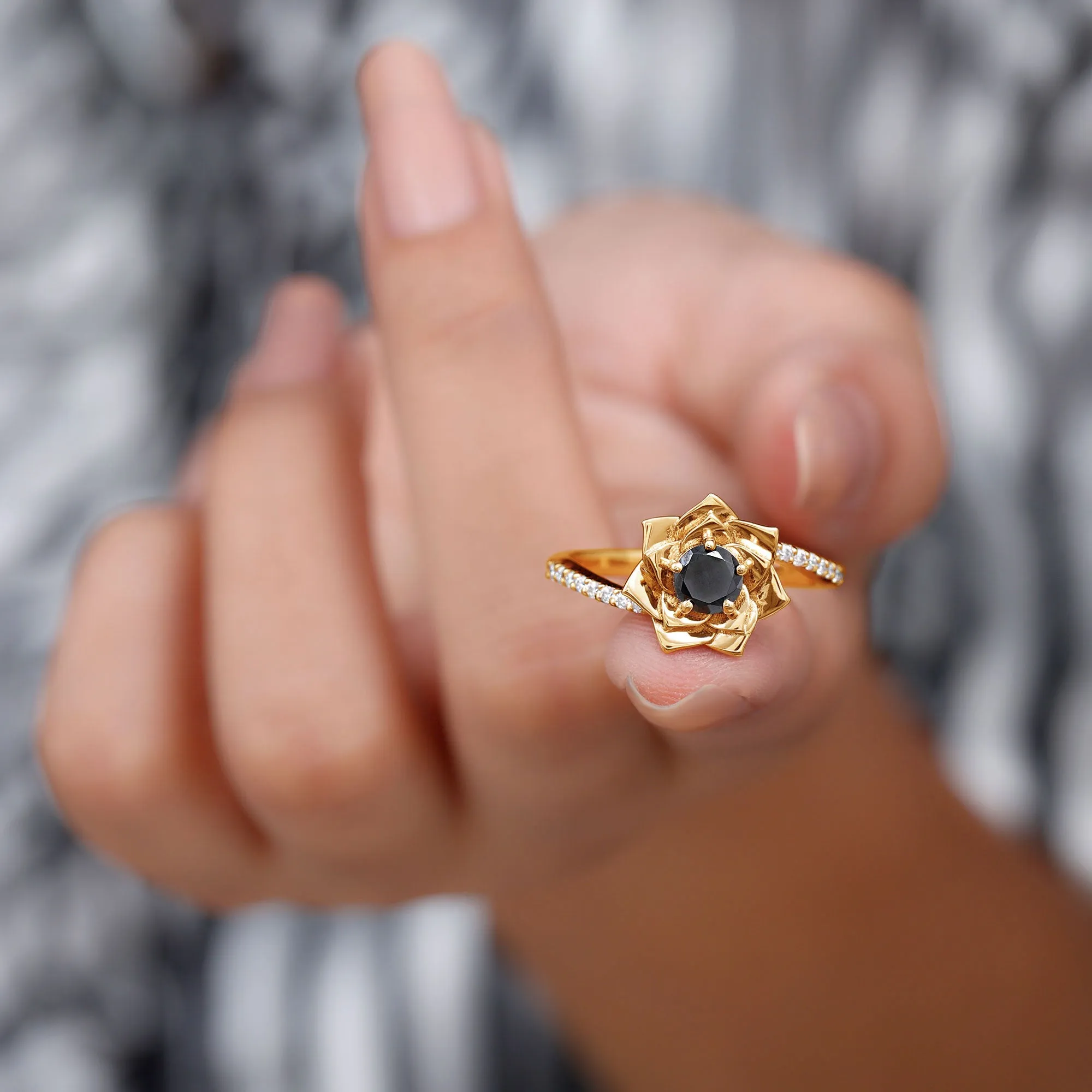 Lab Grown Black Diamond and Diamond Flower Bypass Ring