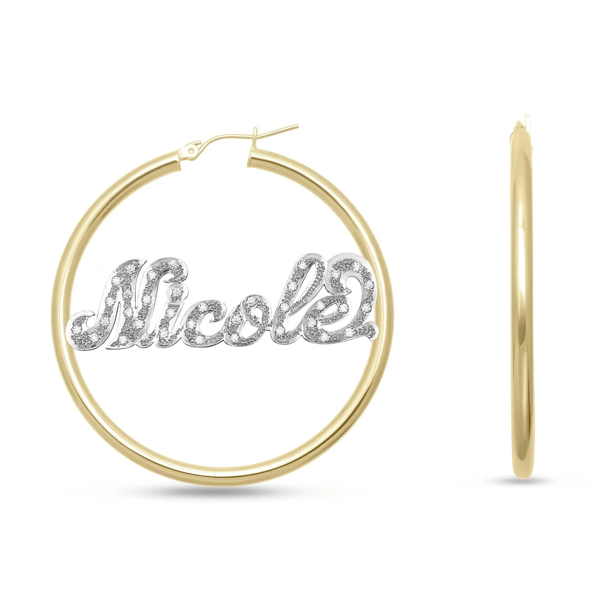 Ladies Diamond Script Name Plate Hoop Earrings 14K Gold - Style 45