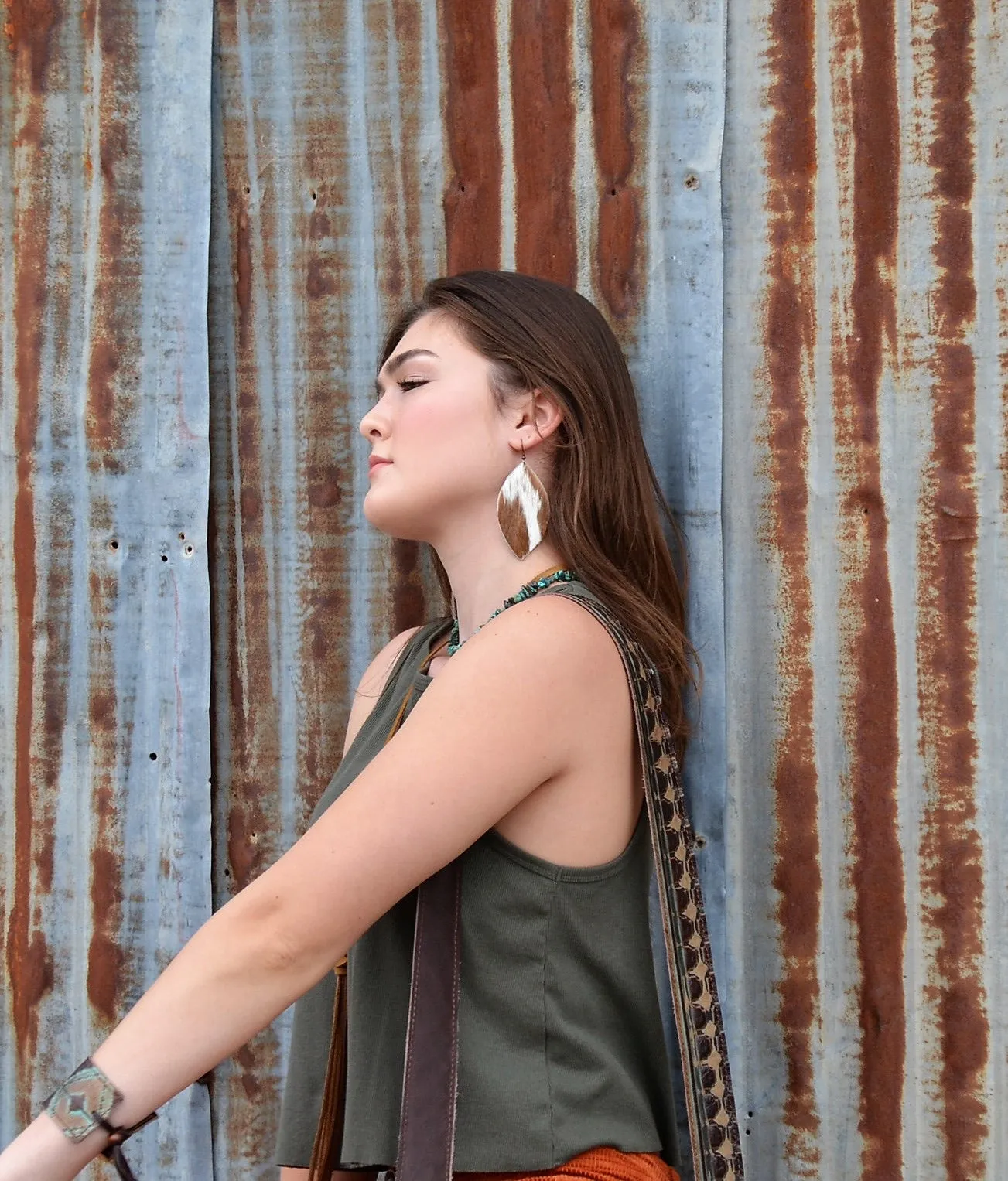 Leather Oval Earrings in Tan and White Hair-on-Hide 222c