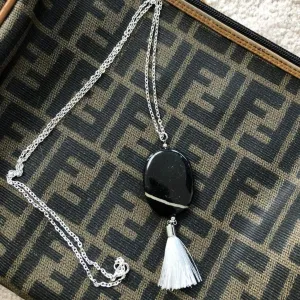 Long Black and White Marble Stone Necklace with White Tassel