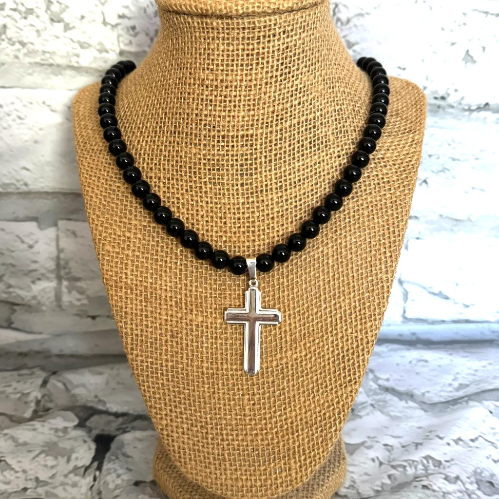 Mens Black Onyx Beaded Necklace with Sterling Silver Cross