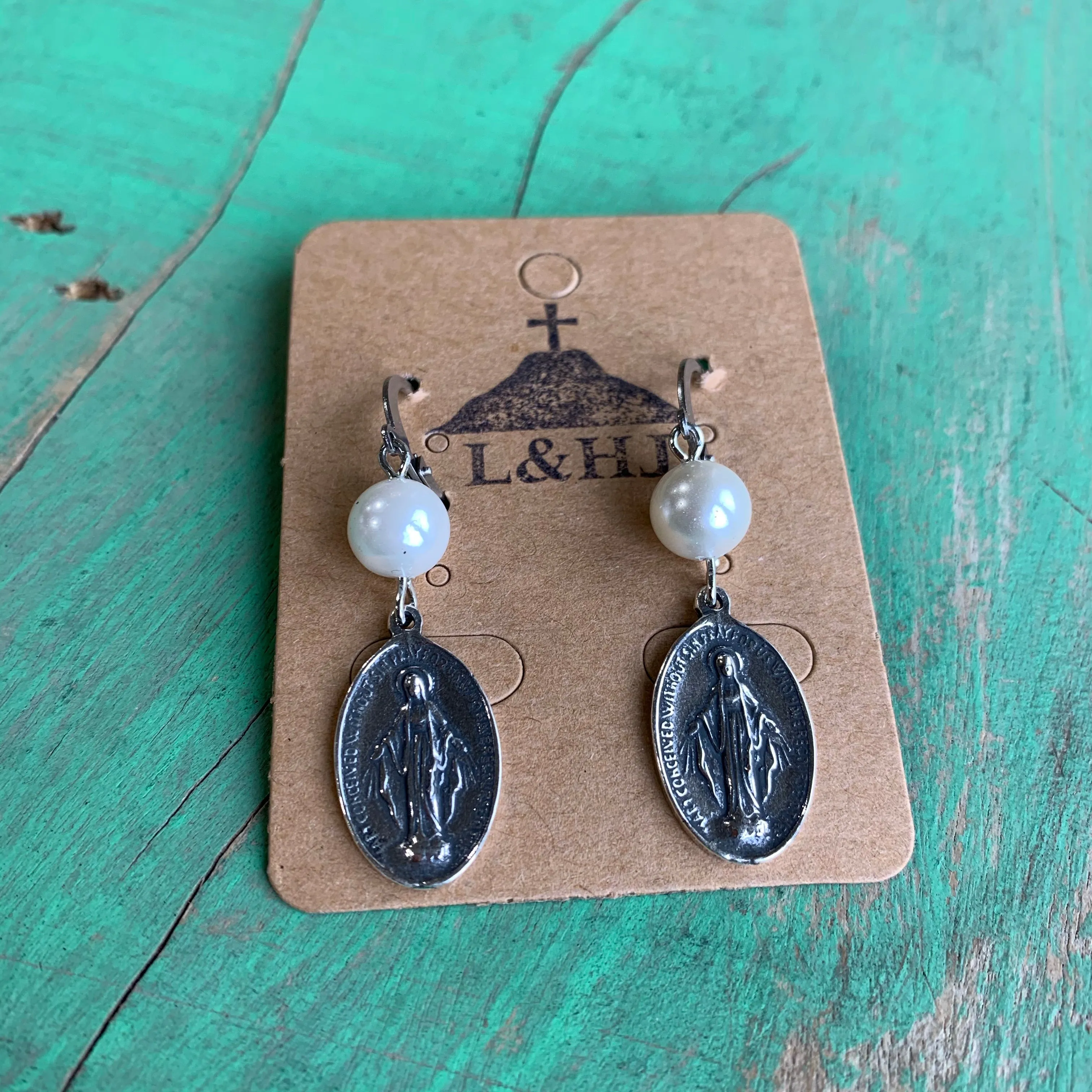 Miraculous Medal Pearl Drop Necklace and Earrings