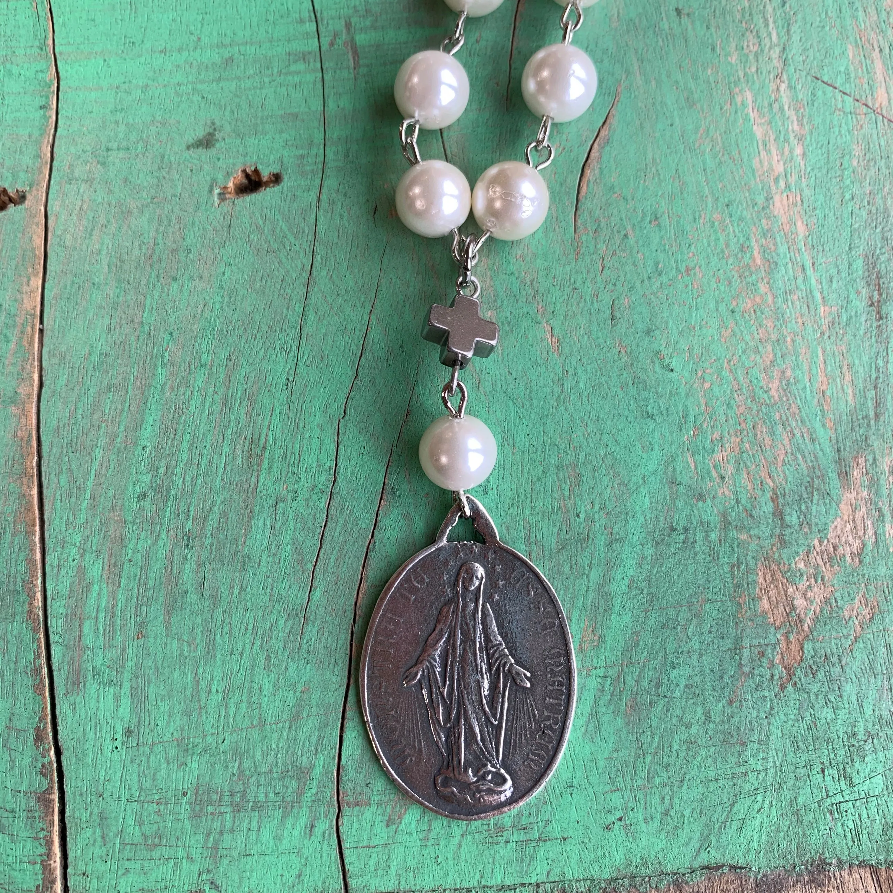 Miraculous Medal Pearl Drop Necklace and Earrings