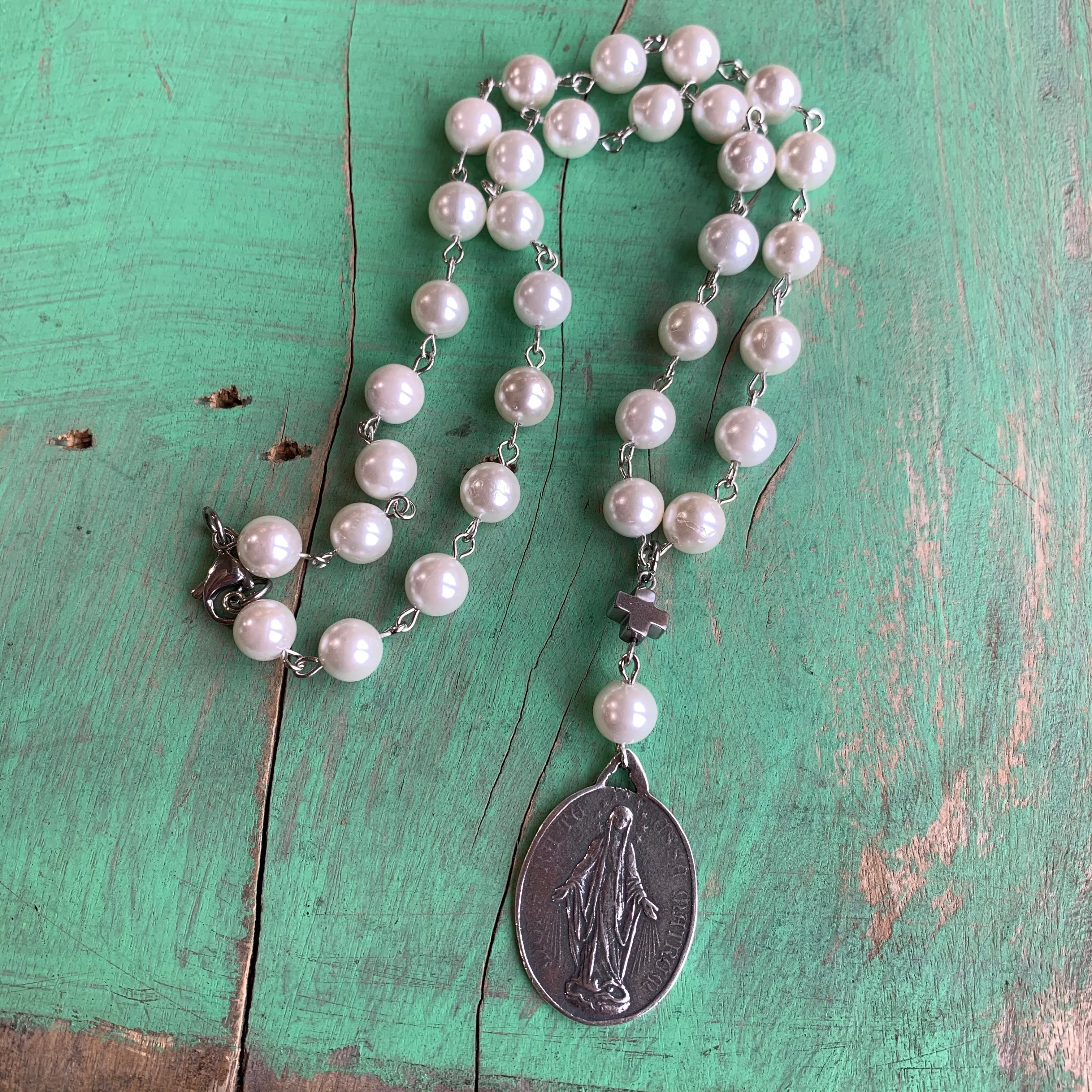 Miraculous Medal Pearl Drop Necklace and Earrings