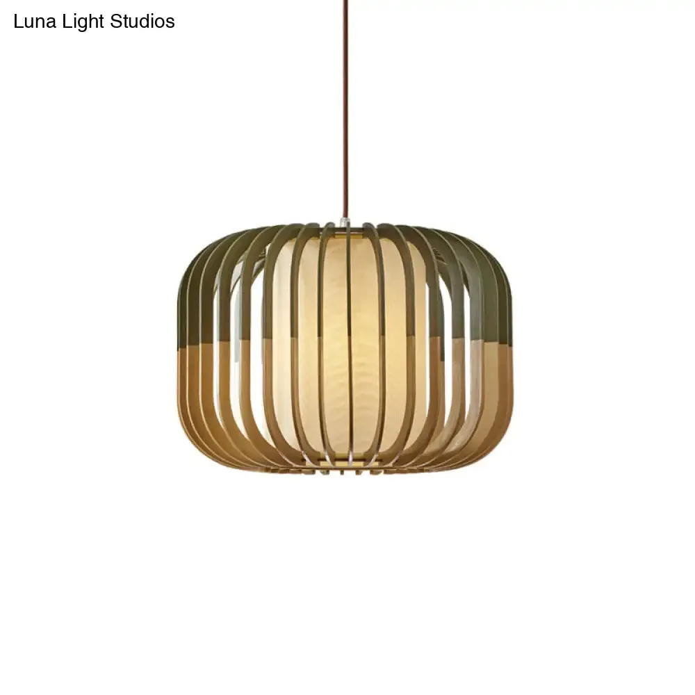 Modern Asian Bird Cage Ceiling Light - Wooden, Single Pendant Lamp for Restaurants, in Yellow-Green