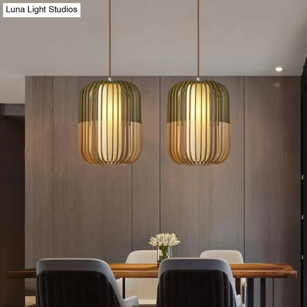 Modern Asian Bird Cage Ceiling Light - Wooden, Single Pendant Lamp for Restaurants, in Yellow-Green