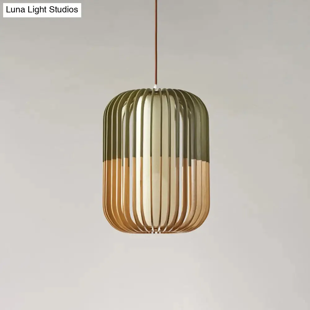 Modern Asian Bird Cage Ceiling Light - Wooden, Single Pendant Lamp for Restaurants, in Yellow-Green