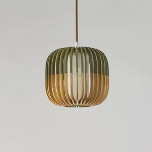 Modern Asian Bird Cage Ceiling Light - Wooden, Single Pendant Lamp for Restaurants, in Yellow-Green